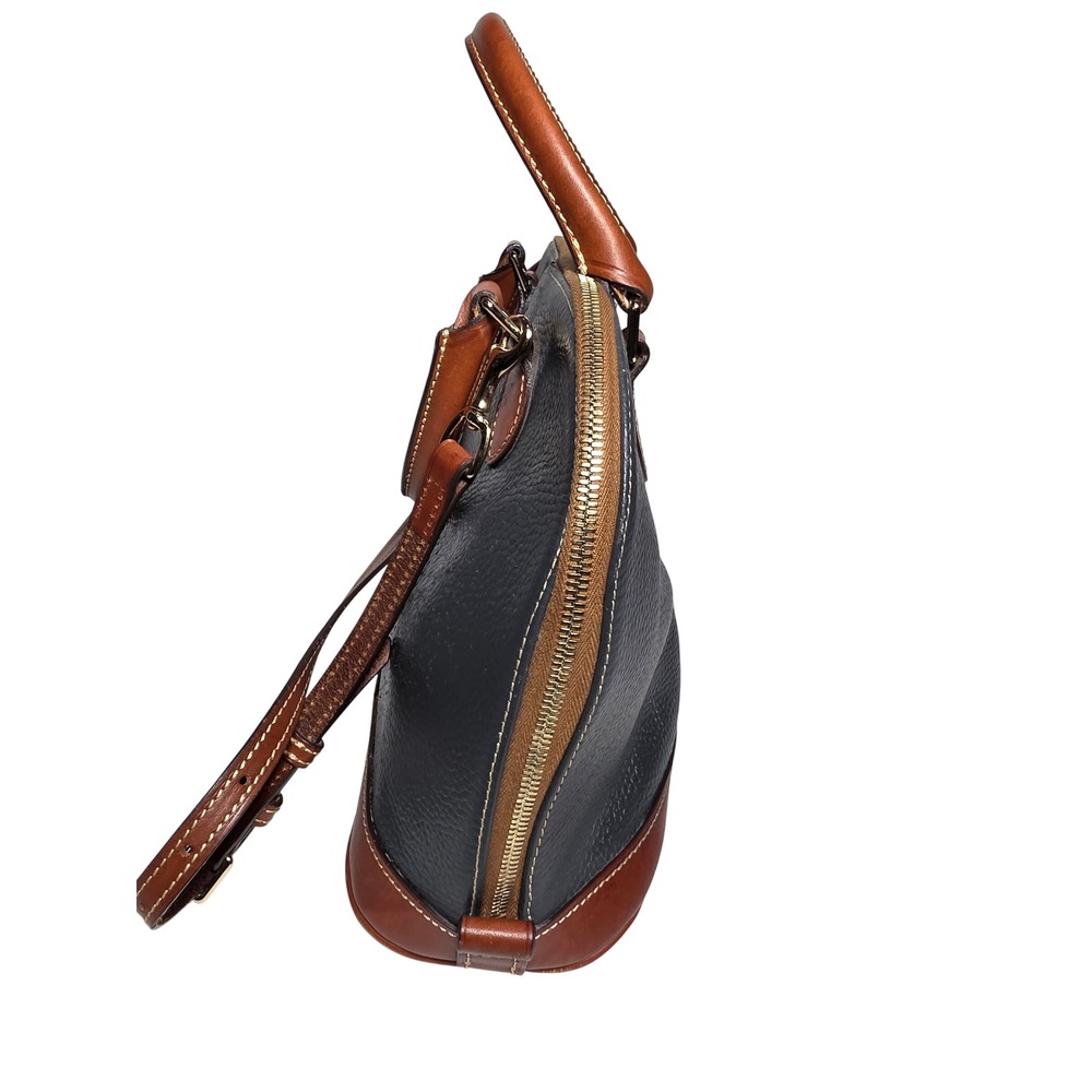 Dooney & Bourke Zip Zip Satchel‎ Navy Blue Pebbled Leather Tan Trim Dome Bag - Picture 4 of 13